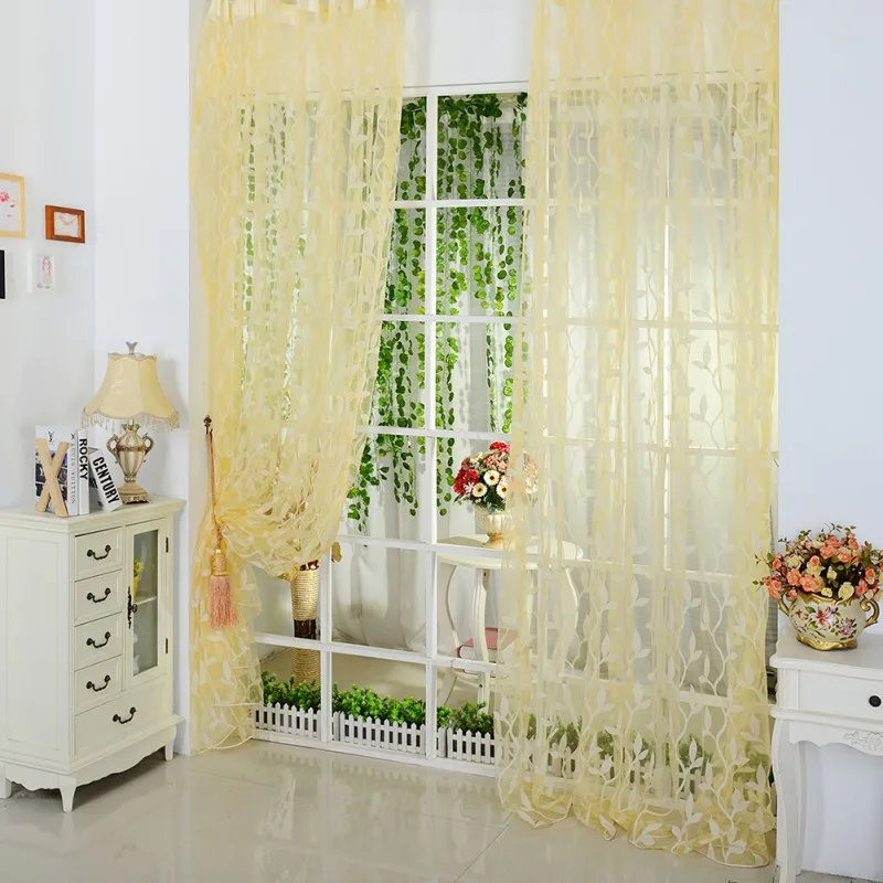 Leaves Floral Tulle Voile Door Window Curtain Sheer Panel Drapes Scarfs Valances 