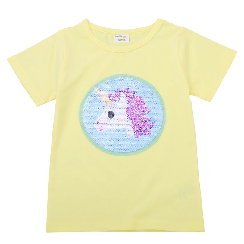 Летняя футболка для девочек; футболка в блестках с изображением волшебного единорога; детская повседневная одежда; модная футболка с короткими рукавами и рисунком Эльзы и Анны