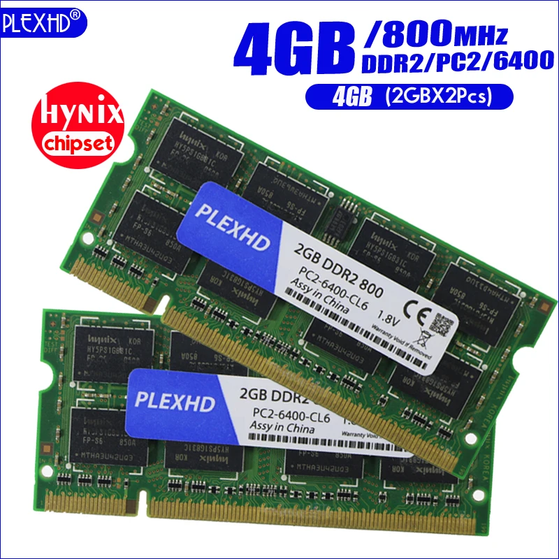 PLEXHD 4G 4 Гб(2GBX 2 шт) DDR2 pc2 6400 800 МГц 2RX8 память для ноутбука 4 Гб pc2-6400S ddr2 800 МГц 200pin оперативная память для ноутбука(чипсет hynix