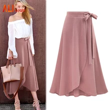 Осенние женские асимметричные юбки с высокой талией, трапециевидная свободная Однотонная юбка, Асимметричные Длинные юбки с узлом для офисных леди