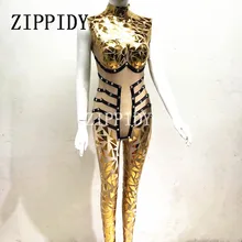Sparkly Altın Pul Tulum Seksi Gece Kıyafet Parti Glisten Kristaller Bodysuit Kostüm Tek parça Tasarım Sahne Tulum