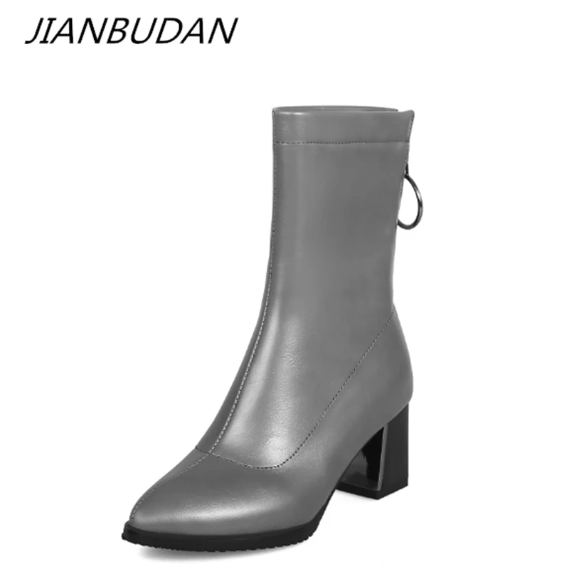 

JIANBUDAN/ women's high heel pu leather Autumn boots Fashion high-top motorcycle boots Waterproof winter Short plush boots 34-43