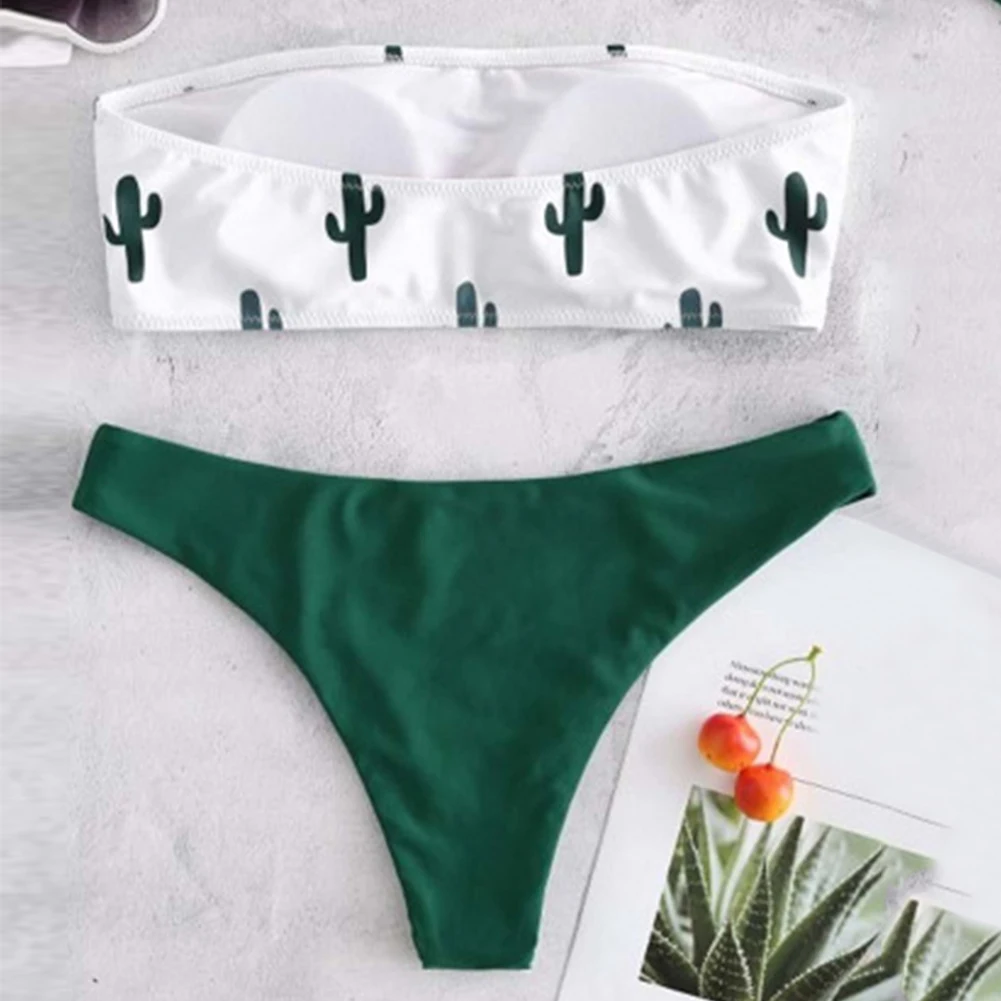 

Women Swimsuit Summer Holiday Cactus Print With Brief Split Adults Slim Polyester Wire Free Sexy Bikini Set