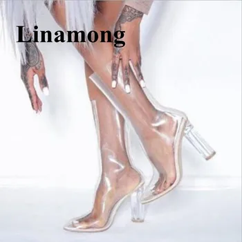 

2018 Popular Shoes Women Hottest PVC Spring And Autumn Rear Zipper Sexy Pointed Toe High Heel Transparent Chunky Women Boots