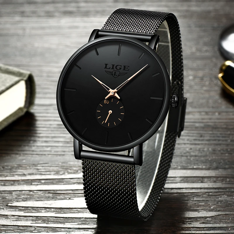 2019 LIGE New Mens Watches Top Brand Men's Sports Watch Men Waterrproof Analog Quartz Watch Male Ultra-thin mesh belt Clock+Box