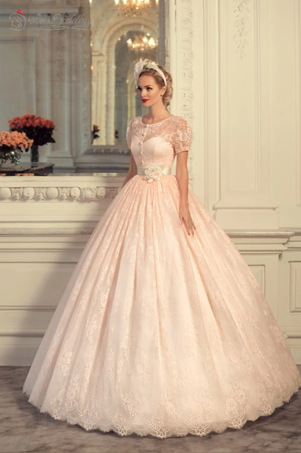 Blush Pink Wedding Dresses Vintage Dress 2017 Vestido De Blush Pink Wedding Dresses Vintage Dress 2017 Vestido De Novia Fotos Reales Peach With Short Sleeves In From