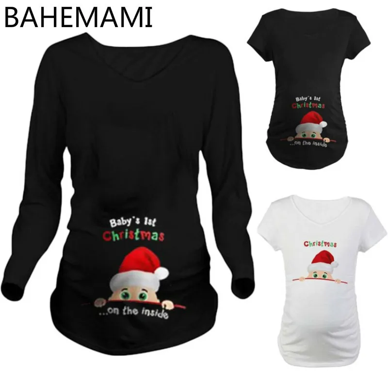 

BAHEMAMI Maternity clothes2018 new maternity print Christmas dress long-sleeved pregnant women maternity tops tshirt women
