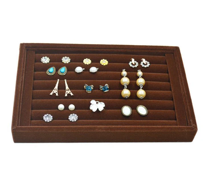 New Fashion Jewelry Display Velvet and PU Slots Earring Ring Tray Organizer Holder Case Box Wholesale Storage Ring Earring Key