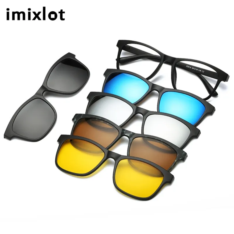 

IMIXLOT Spectacle Frame Men Women With 5 Pieces Clip On Sunglasses Polarized Magnetic Glasses Male Driving Myopia Optical