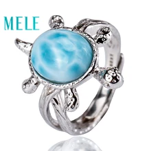 Tortoise shape natural deep blue larimar ring with silver 925,classic style jewelry for women and girls Suitable for party chic blue bead and leaf shape embellished retro ring for women