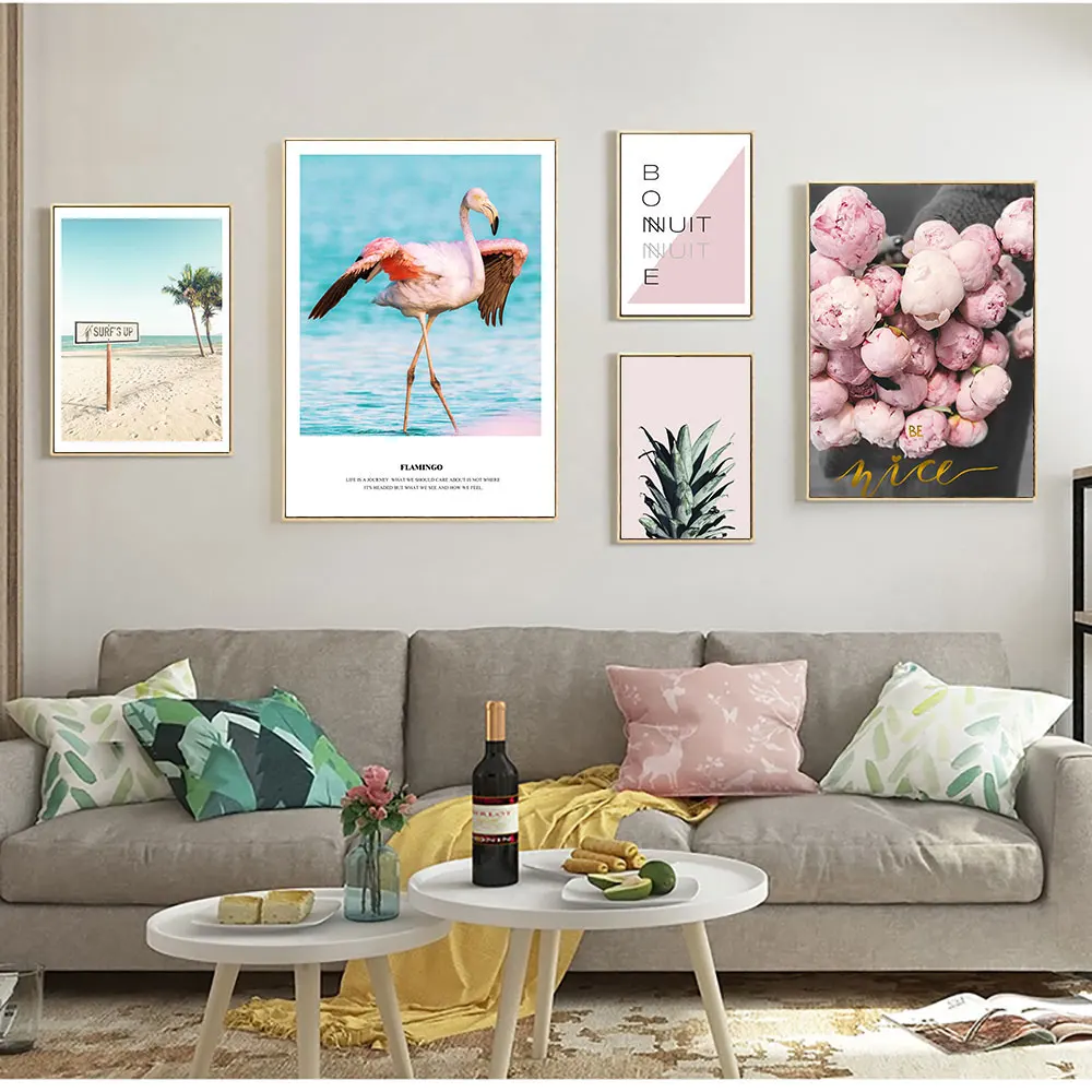 

Scenery Poster Pink Beach Nordic Canvas Paintings Wall Art Prints Posters For Living Room Flamingo Pink Poster Quote Unframed