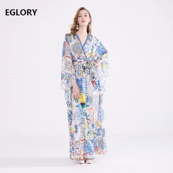 

Vintage Long Dress New 2019 Spring Women Batwing Sleeve Bohemian Print Loose Plus Size Casual Party Maxi Dresses Floor Length