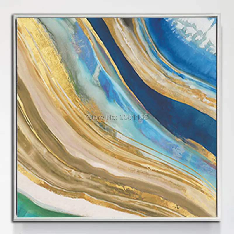 

HAND PAINTED modern abstract oil painting golden beach Abstract blue wave Canvas Art Desert river painting Wall Pictures decor