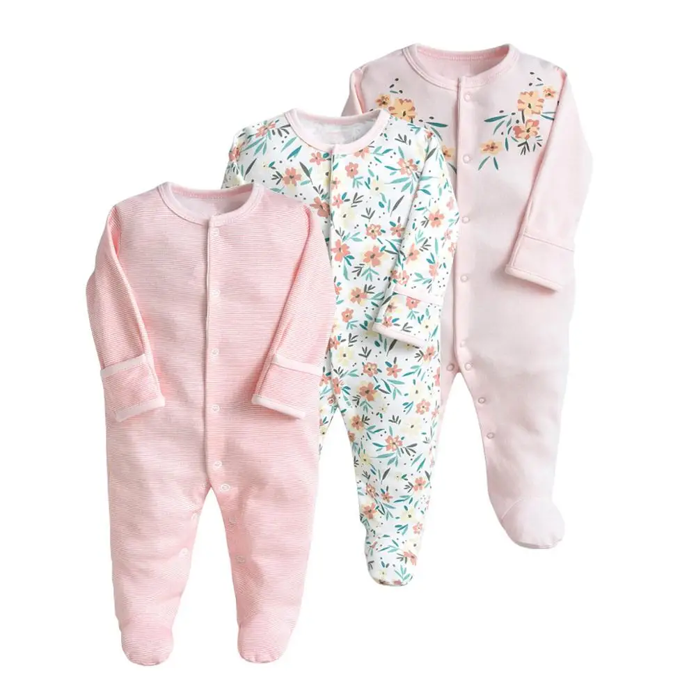 

3 Pack Baby Footies Pajamas with Mitten Cuffs Buttons-Up Long-Sleeves 100% Cotton Soft Baby Footed Sleep 3-12 Months