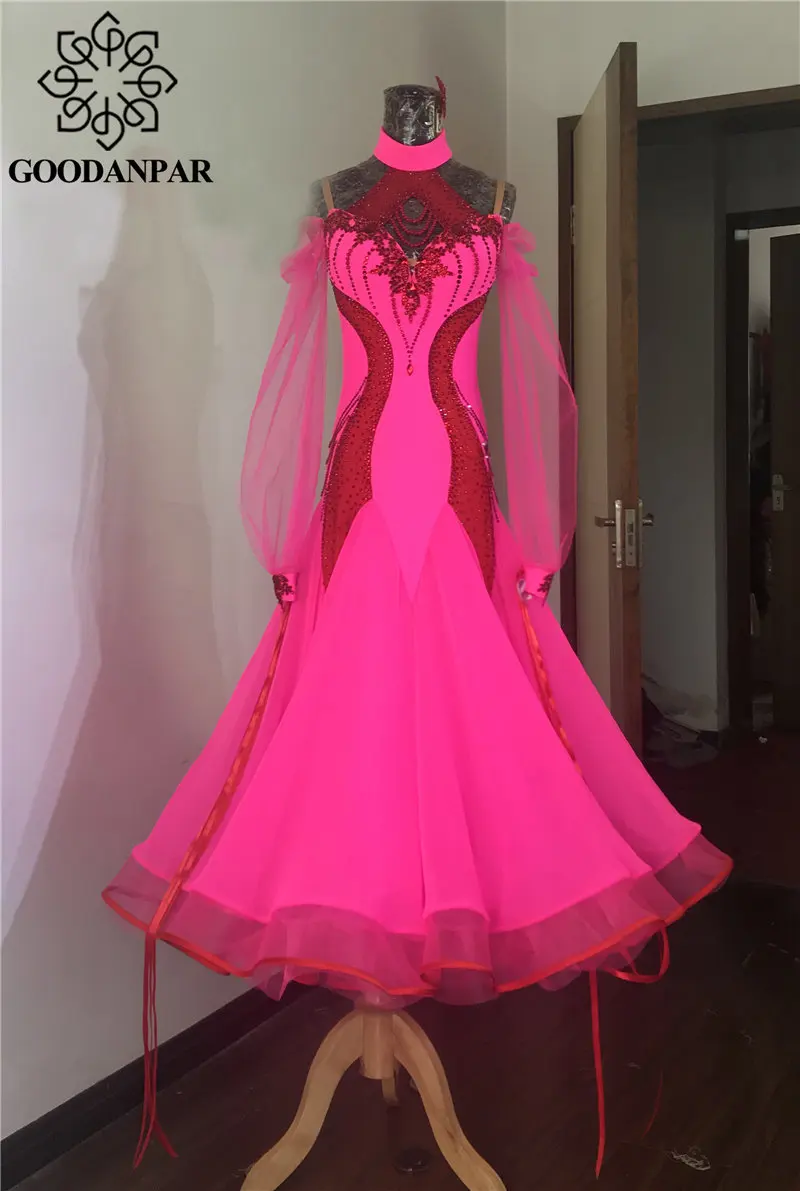 

GOODANPAR Dress Ballroom Dance Long Sleeves Backless Heart Pattern Stage Costume Women Waltz Flamenco Tango Handmade Custom Made