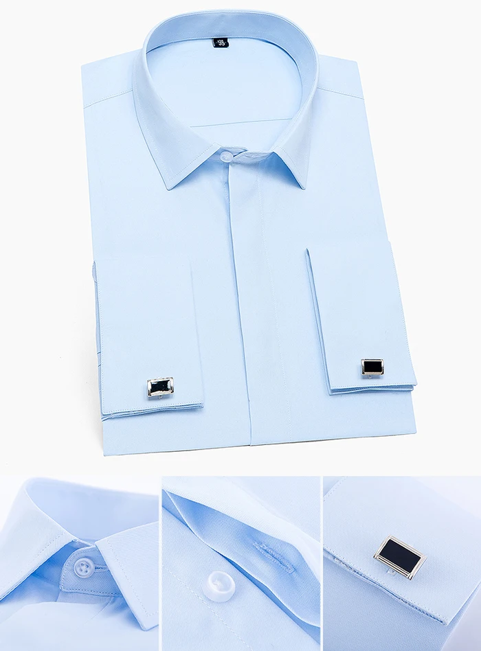 Men's Classic French Cuffs Solid Dress Shirt Covered Placket Formal Business Standard-fit Long Sleeve Office Work White Shirts