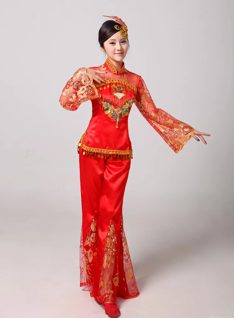  chinese embroidered sequined folk dance costumes fan handkerchief drum yangko dance clothing red\bl