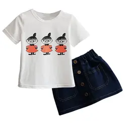 Новинка 2017 года, летние комплекты одежды для девочек Милая футболка с короткими рукавами + джинсовая юбка комплект детской одежды, одежда