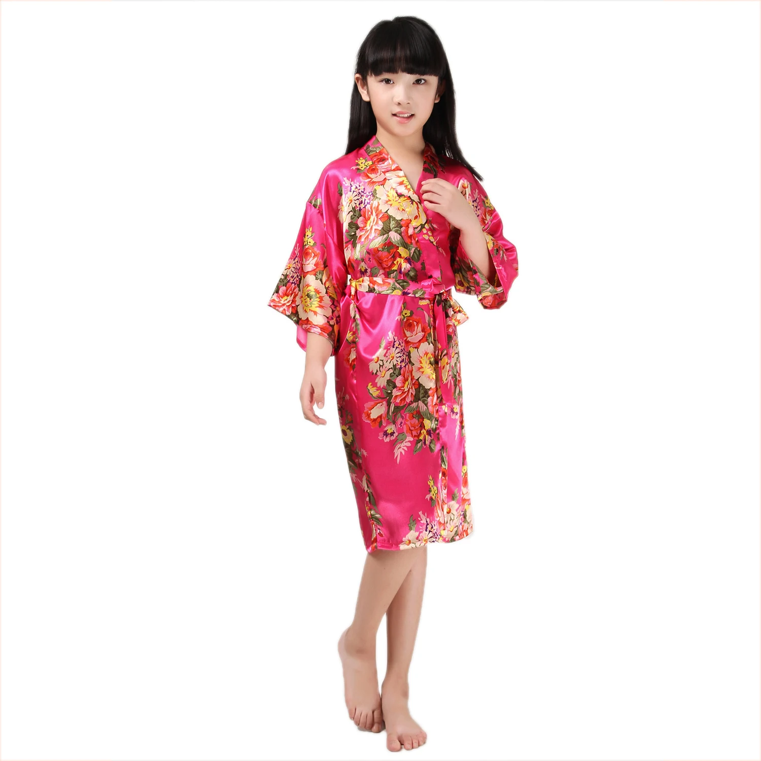 Милая Детская шелковая пижама, одежда для сна для девочек, одежда для сна, цветочное кимоно, ночная рубашка - Цвет: Rose red