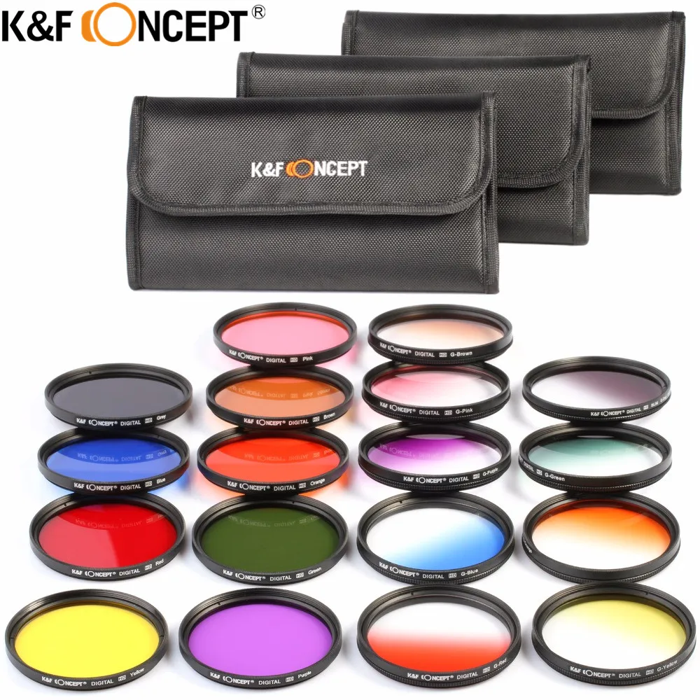 

K&F CONCEPT 52/58/67mm 18pcs Graduated and Full Color Lens Filter Kit Orange Blue Grey Red Purple Green Brown Yellow Pink Filter