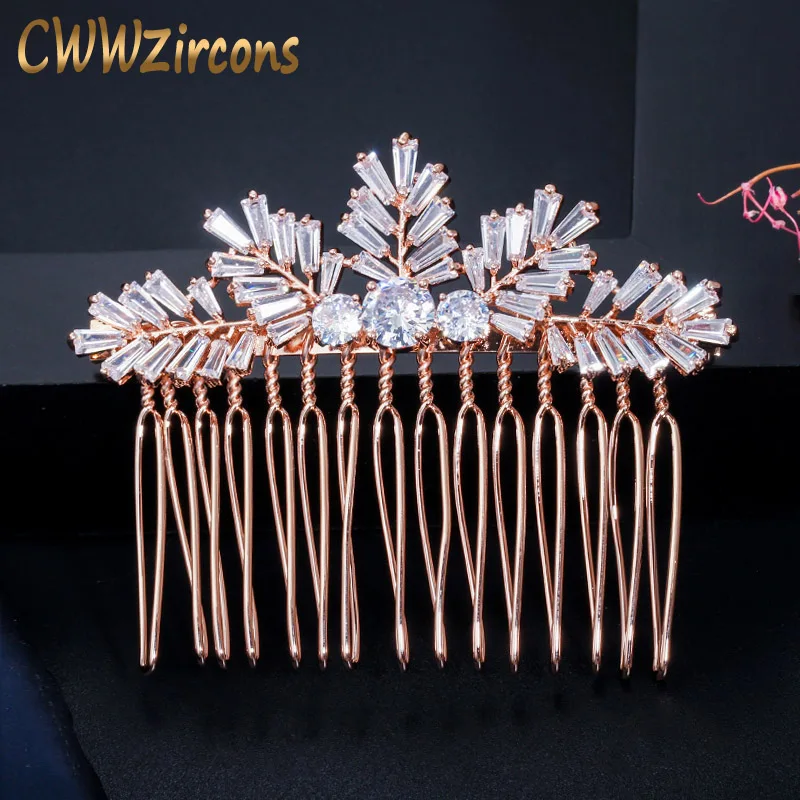 

CWWZircons Sparkling Cubic Zirconia Rose Gold Color Leaf Shape Bridal Wedding Hair Accessories Comb Headpiece Jewelry A012