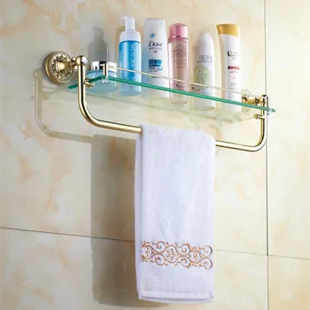 

Bathroom Accessories Solid Brass golden Finish With diamind Tempered Glass,Single Glass Shelf bathroom shelf