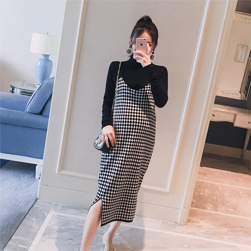 5060# 2PCS/Set Black Knitted Maternity Bottoming Shirts + Sling Plaid Dress Autumn Korean Fashion f