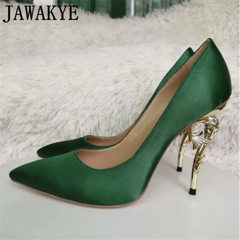 

New Arrival Luxury Satin High Heel Shoes Woman Pointed Toe Metal Strange Heeled Pumps Fashion Stiletto Women Sexy Wedding Shoes