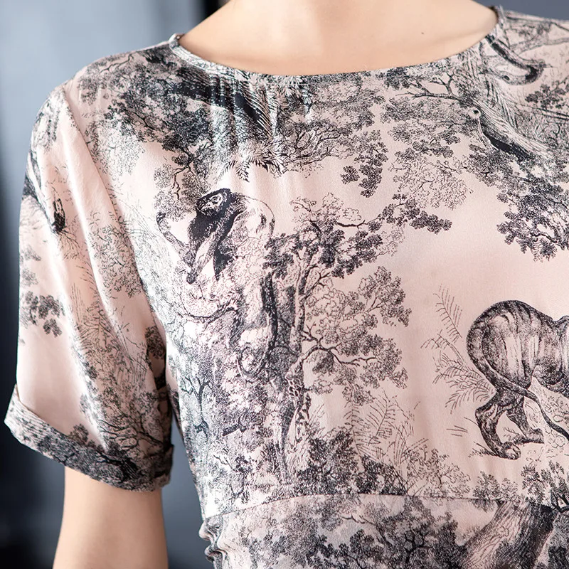 

100% Silk Dress Women Plus Sizes Vintage Printed O Neck Sashes Short Sleeves New Fashion Summer 2019