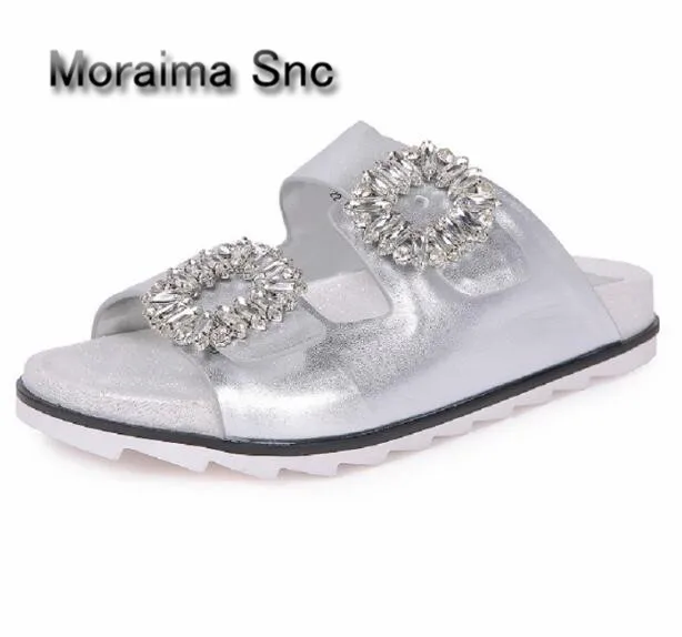 

Moraima Snc summer newest crystal embellished sandal slipper open toe comfortable leather shoes cutouts flat gladiator slipper