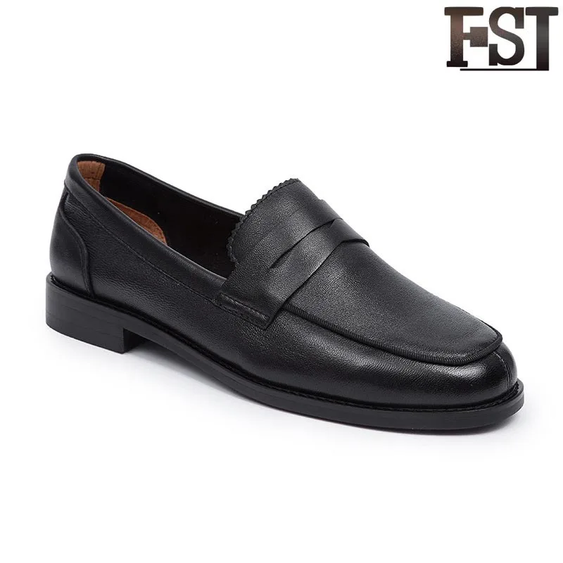 

FSJ Genuine Leather Ladies Woman Slip-On SheepSkin Leather Round Toe Spring/Autumn Shallow Pigskin Unique Personality Brown Flat
