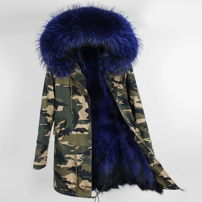 Брендовое пальто из натурального меха енота, Длинная женская зимняя меховая парка, армейский черный воротник из меха енота, куртка с капюшоном, женская теплая меховая верхняя одежда - Цвет: 20