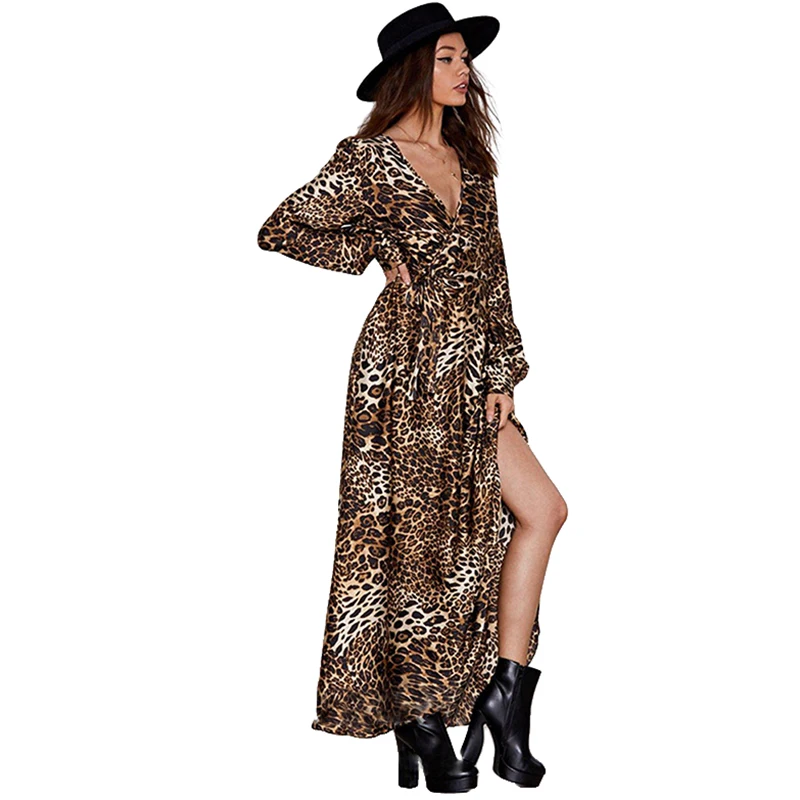 

2019 Spring New Leopard print, long sleeve, deep V-tie, long open-top dress