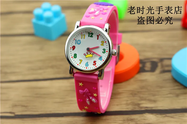Мода для девочек 3D милой принцессы циферблат Кварцевые часы поощрение детей Розовый Корона водонепроницаемый силиконовый dresswatch