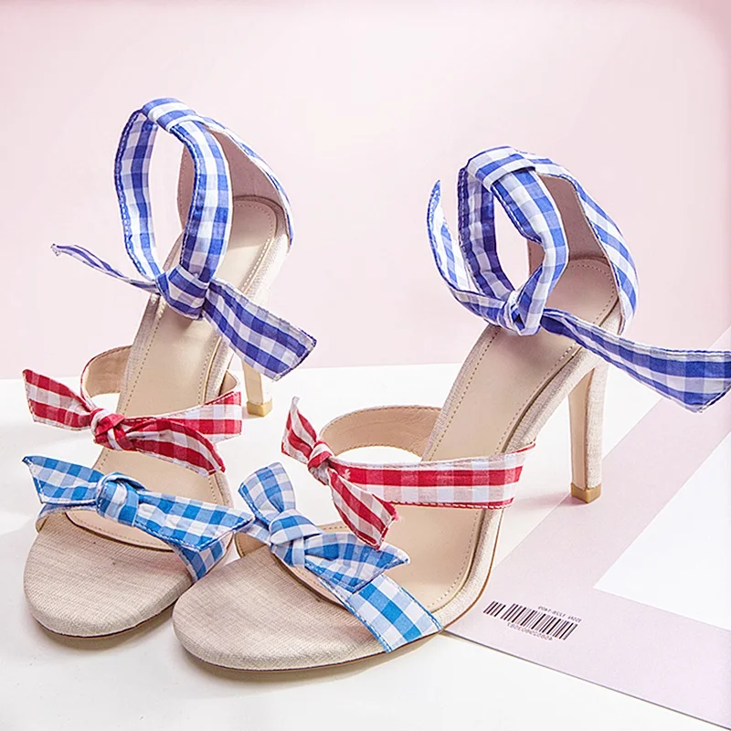 

2018 Summer Newest Sweet High Heel Sandals Woman Plaid Butterfly-knot Vacation Suitable Concise Party Dress Shoes