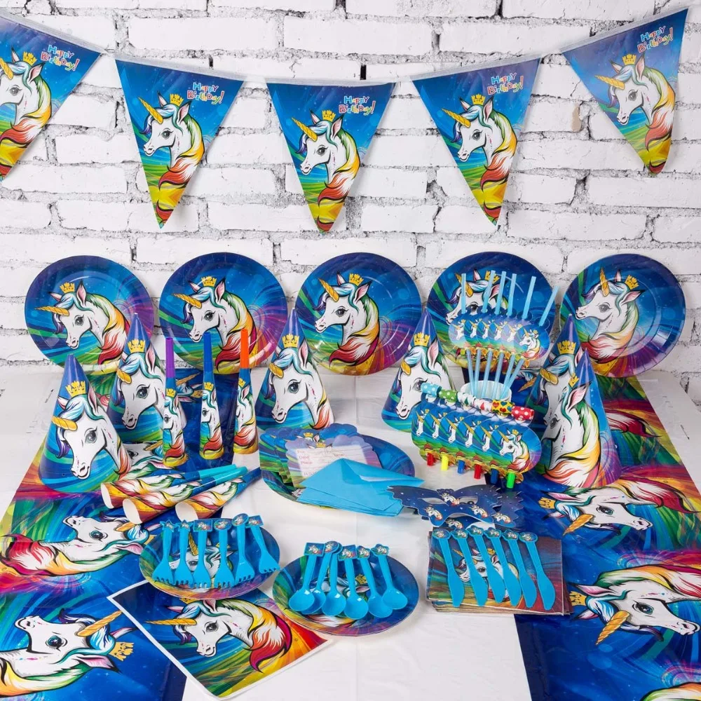 

1set Boy Blue Unicorn Party Birthdays Decor kits Disposable Tableware Set Photo Booth Props Birthday Party Cake Decoration Kids