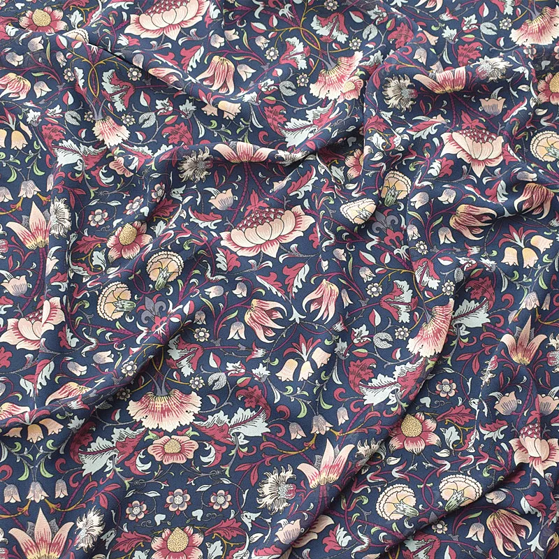 

1meters price,High viscose chiffon fabric spring/summer printed fabric navy blue base floral soft fabric