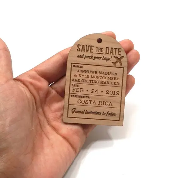 

Personalized Wedding Luggage ticket Save the Date Magnets,Custom wood rustic Destination save the date,party favors gifts