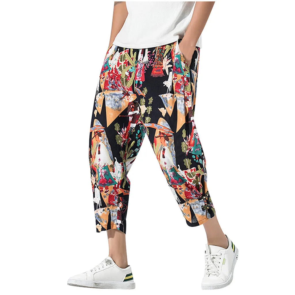 Pantalones hombre 2019 мужские повседневные винтажные свободные хлопковые льняной с принтом лоскутные брюки до щиколотки calca masculina