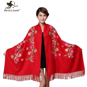 

Marte&Joven New Flower Embroidery Scarf Ladies Ethinc Style Winter Warm Thicken Imitated Cashmere Oversized Pashmina for Women