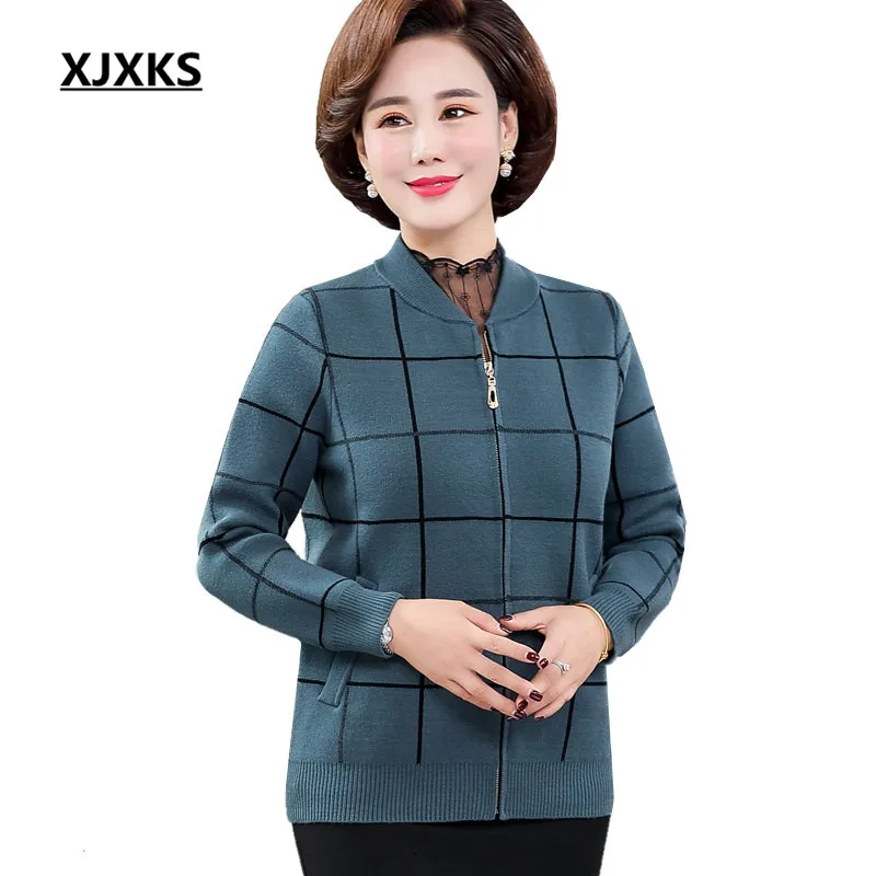

XJXKS 2019 autumn winter new women's jacket loose plus size fashion plaid comfortable cashmere knittd cardigan women's sweater