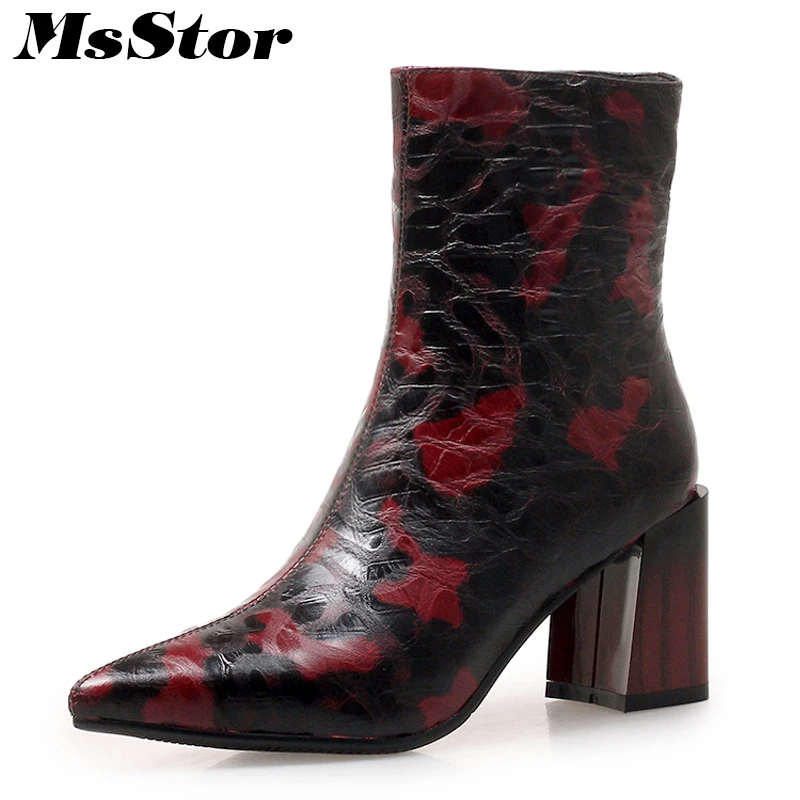 

Msstor Women Boots New Arrive High Heel Ankle Boots For Woman Pointed Toe Square heel Zipper Genuine Leather Boot Shoes For Girl