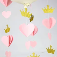 2 м розовый Бантинг Баннер 3D сердце Корона из бумаги струны флаги для девочек венок принцессы День Рождения Декор украшение комнаты