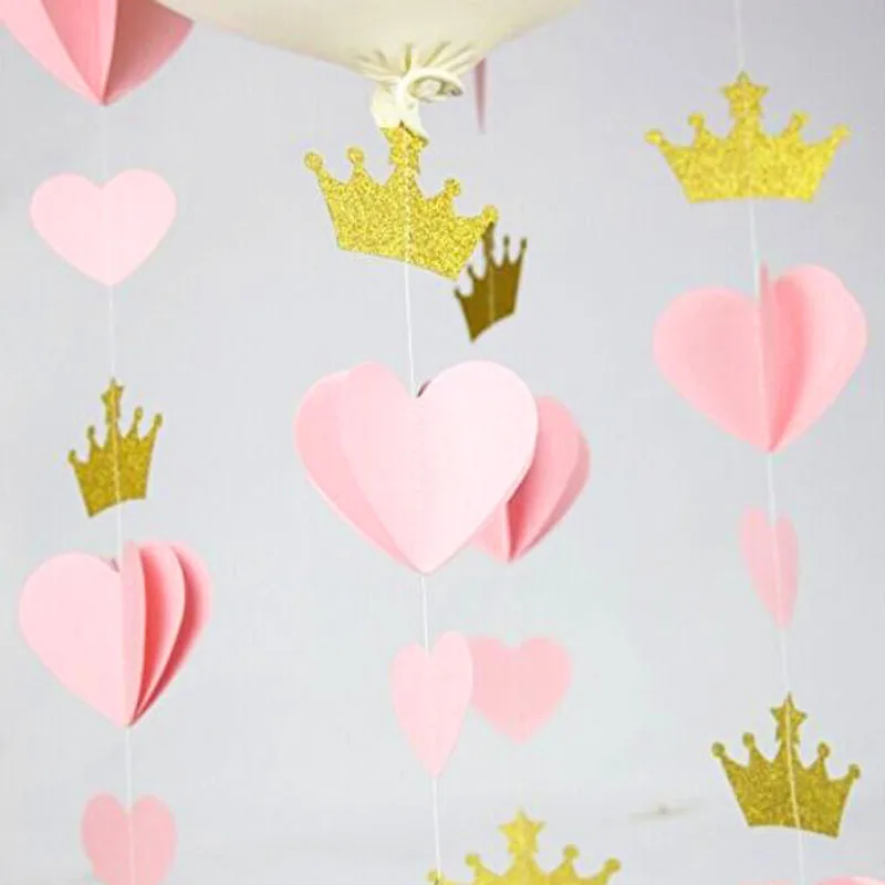 

2m Pink Bunting Banner 3D Heart Crown Paper String Flags for Girls Princess Garland Birthday Party Decor Room Decoration