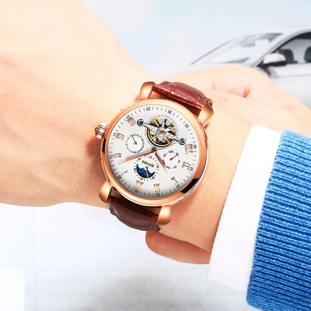 

KINYUED Fashion Watch Men Mechanical Automatic Skeleton Mens Wristwatches Top Brand Luxury Calendar Tourbillon Montre Homme