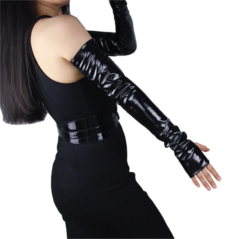 Patent Leather Women Gloves 60cm Long Style Fingerless PU Leather