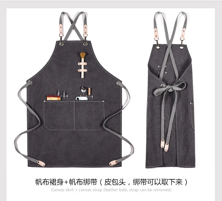 Cotton Canvas Apron Unisex Adjustable Leather Hanging Neck Hotel Restaurant Cafe Barber Shop Bakery Bar Waiter Work Pinafore