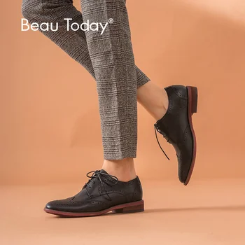

BeauToday Brogue Shoes Women Wingtip Oxfords Sheepskin Genuine Leather Cross-Tied Round Toe Black Lady Flats Large Size 2102410