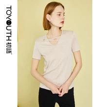 Toyouth модная женская футболка с v-образным вырезом крест-накрест, летняя Стильная трикотажная футболка с блестками, топы с коротким рукавом, женская футболка