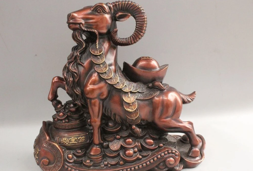 

14" Chinese Folk Feng Shui Bronze Wealth Zodiac Year Sheep Treasure bowl Statue